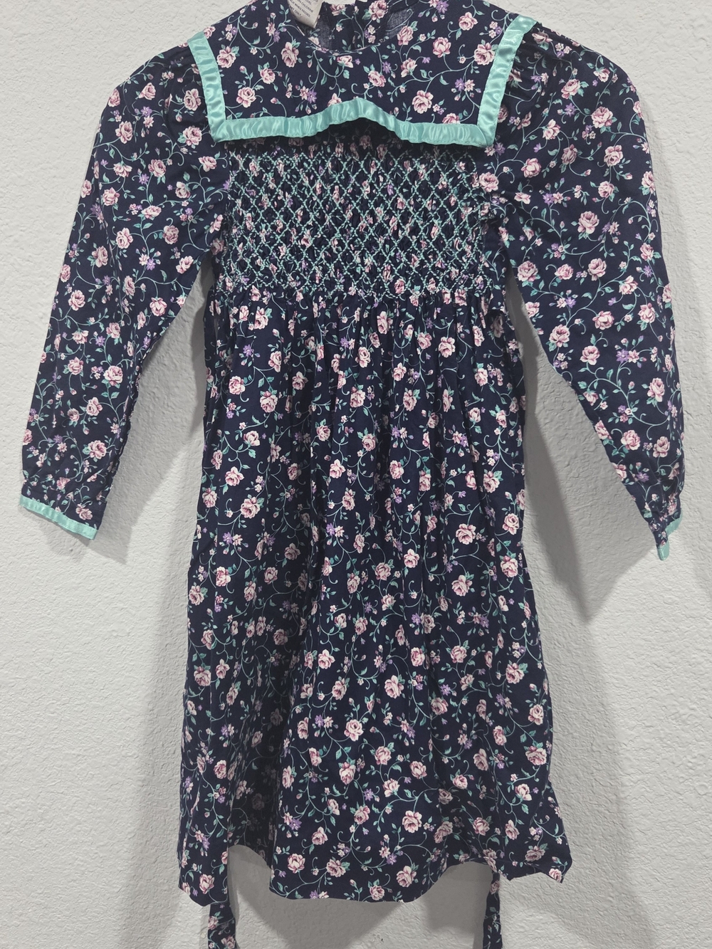 Girls' Navy Floral Smocked Dress with Mint Trim